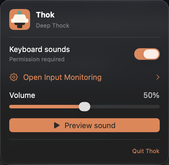 Thok menu showing keyboard sounds, volume, and preview controls